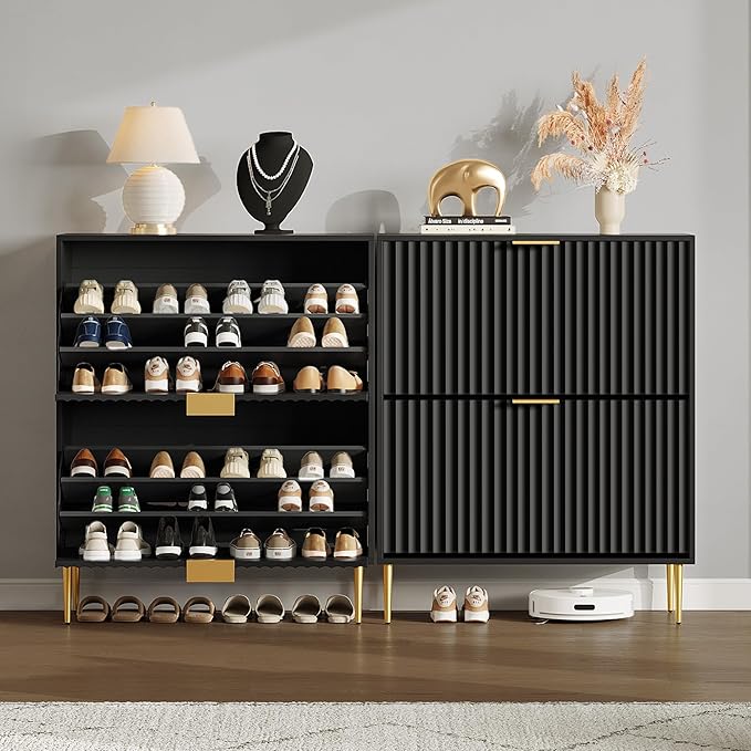 SICOTAS Fluted Shoe Cabinet Storage for Entryway with 4 Flip Drawers-11.8"Deep Frestanding Shoe Organizer Cabinet with 6-tier Shelves, Large 40 Pairs Shoes Rack Cabinet for Foyer Hallway, Black, 2PCS
