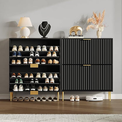 SICOTAS Fluted Shoe Cabinet Storage for Entryway with 4 Flip Drawers-11.8"Deep Frestanding Shoe Organizer Cabinet with 6-tier Shelves, Large 40 Pairs Shoes Rack Cabinet for Foyer Hallway, Black, 2PCS