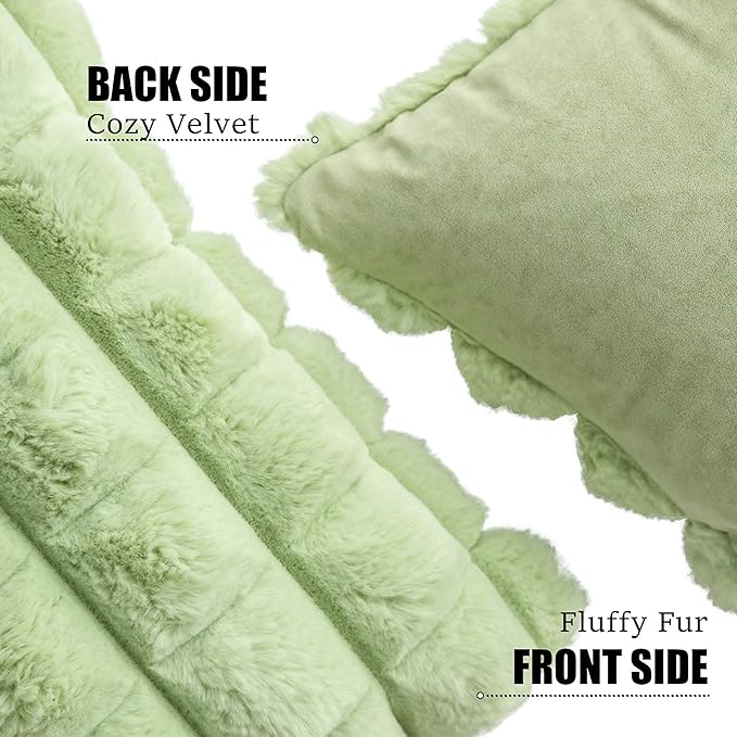 Neelvin Green Faux Fur Cozy Soft Plaid Decorative Throw Pillow Covers 18x18 inch Set of 2,Velvet Pillowcase Cushion Case for Sofa Couch