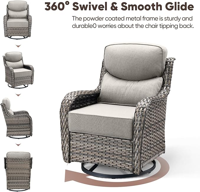 Swivel Patio Chairs Sofa Set of 4 with 6" Thick Cushion - Wicker Outdoor Swivel Rocker Patio Chair with Side Table, High Back Comfortable Outdoor Glider Chairs - Grey Wicker | Beige Cushions
