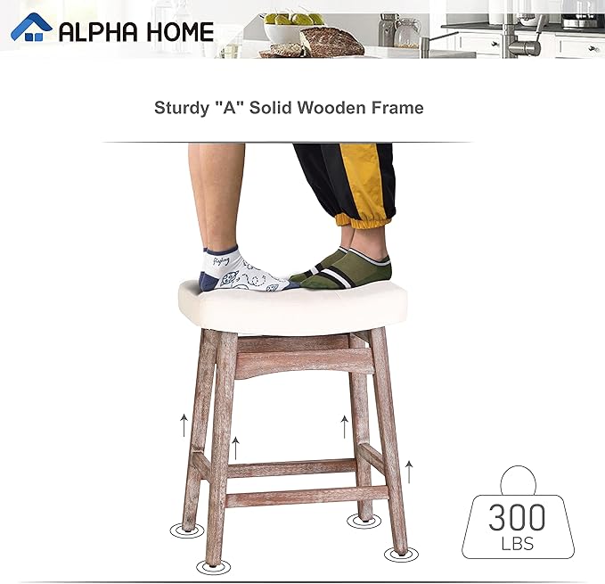 ALPHA HOME Bar Stools Set of 3, Solid Wood Saddle Kitchen Stools with Beige Linen Fabric Cushion Counter Height Barstools, 24 Inch, 3PCS