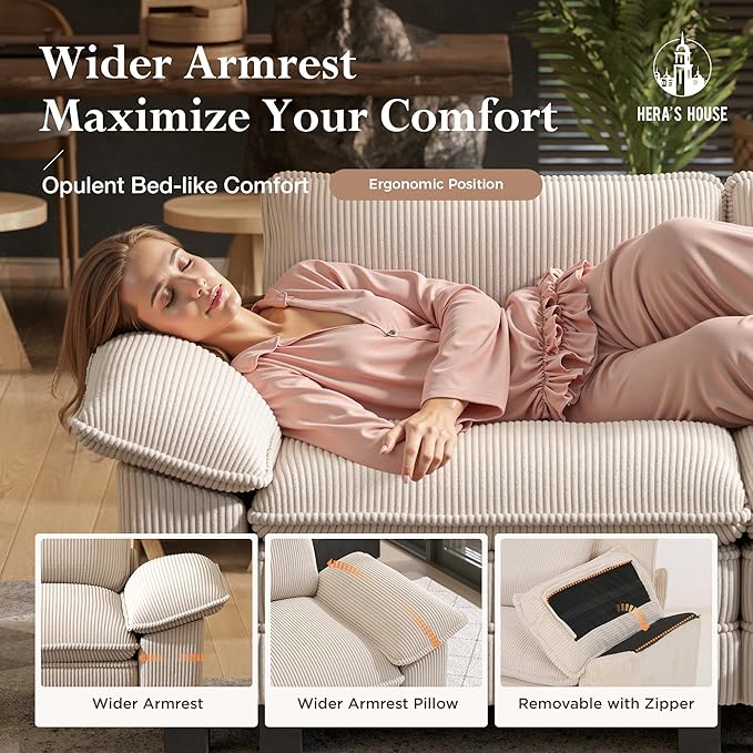 HERA'S HOUSE 88" Modular Sectional Sofa, Loveseat Couches for Living Room, Comfy Cloud Couch 2-Seater Deep Seat Sofa with Throw Pillow, Corduroy Beige