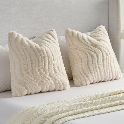 FUTEI Cream Decorative Throw Pillow Covers 24x24 Inch Set of 2,Soft Faux Fur Geometric Shapes Texture European Cushion Case,Boho Home Decor for Couch Bed Living Room
