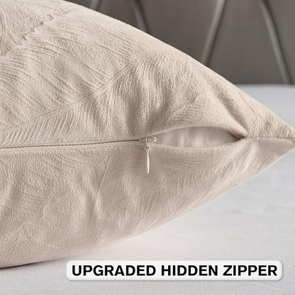 FUTEI Beige Velvet Throw Pillow Covers 24x24 Inch Set of 2,Soft Embossed Leaf-Relief Textured European Cushion Cases,Natural Home Decor for Couch Living Room