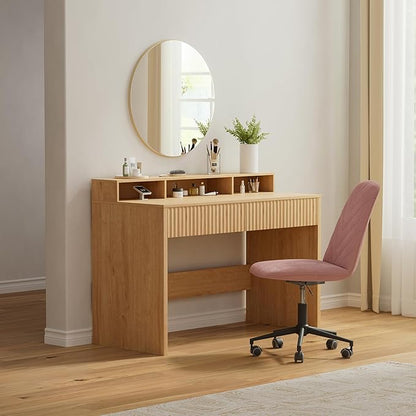 47" Executive Desk with Fluted Drawer, Modern Home Office Desk with Long Monitor Stand and 2 Drawers, Computer Writing Desk for Study Office Vanity, Nautral Oak