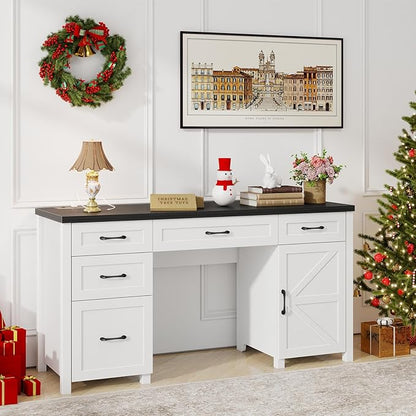 Farmhouse 61" Executive Desk with 5 Drawers,Rustic Office Computer Desk with Charging Station,File Drawers and Storage Cabinet, Wood Workstation for Home Office and Study, Black.