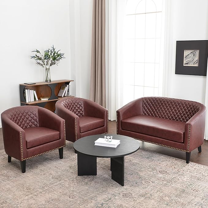 KINWELL 29" W Faux Leather Barrel Chairs Set of 2, Modern PU Upholstered Tufted Club Chairs with Nailhead Trim, Small Armchairs Accent Chairs for Living Room Bedroom Apartment Lounge Nursery, Red