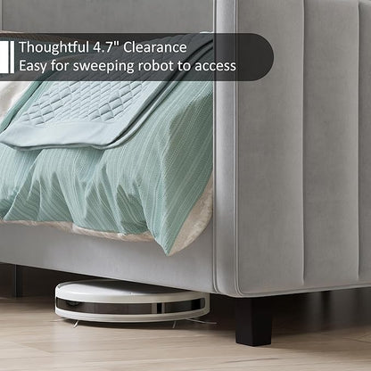 AMERLIFE Queen Size Bed Frame, Velvet Upholstered Platform Bed with Vertical Channel Tufted Headboard & Footboard/Wingback, Mattress Foundation with Wood Slats, No Box Spring Needed, Light Grey