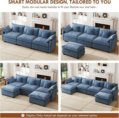 WorthFurni 77 Inch L Shape Cloud Sofa, Modular Sectional Couch with Ottoman, Comfy Chenille Deep Seat Loveseat with Pillow for Living Room Bedroom Apartment (Blue)