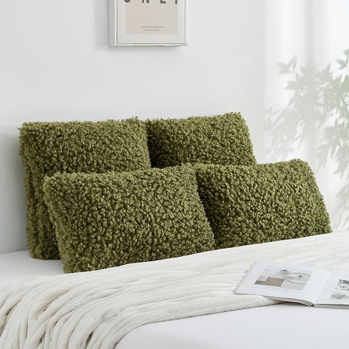 FUTEI Olive Green Decorative Throw Pillow Covers 12x20 Inch Set of 2,Soft Fluffy Faux Wool Fur Boucle Textured Lumbar Pillow Case,Modern Home Decor for Couch Bed Living Room Office