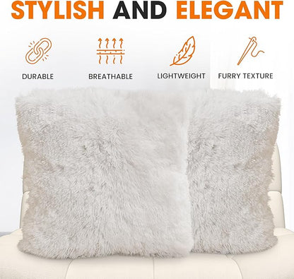 Cheer Collection Throw Pillows for Couch and Bed, Soft Shaggy Throw Pillows with Inserts Included, Cozy Long Hair Faux Fur Pillows - Set of 2-18" x 18" - White
