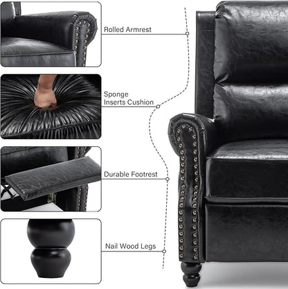 Faux Leather Recliner Chair, Modern Pushback Armchair with Adjustable Backrest & Footrest for Bedroom, Living Room, Black, Set of 1