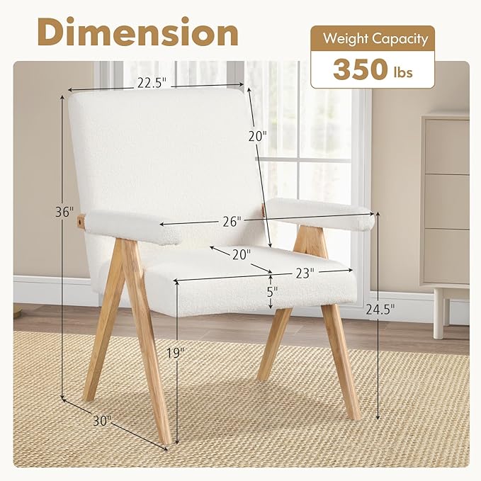 Giantex Mid-Century Modern Accent Chairs Set of 2, Sherpa Fabric Reading Chair with Padded Armrests, Solid Rubber Wood Frame, Upholstered Side Arm Chair for Living Room, Bedroom, Office, Beige