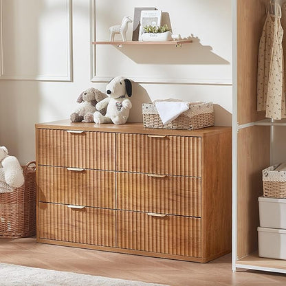 LEYAOYAO Fluted 6 Drawers Dresser, 48" Wide Modern Chest of Drawers with Woodgrain Top, Curved Profile Design, Dresser TV Stand, Wood Drawer Organizer for Bedroom, Living Room, Hallway,Brown