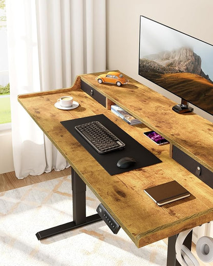 ErGear Electric Standing Desk with Drawers, 48″ x 24″ Gaming Table Compatible Monitor Stand, Stand up Desks, Home Office Height-Adjustable Desk with Storage Shelf, 4 Preset Heights, Vintage Brown