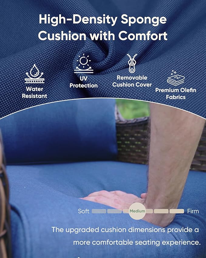 7-Piece Outdoor Wicker Patio Furniture Set with Swivel Glider Chairs, 3-Seat Sofa, Coffee Table & Ottomans 5” Olefin Cushions Ergonomic Neck-Lumbar Backrest All-Weather Rattan for Garden, Deck, Porch
