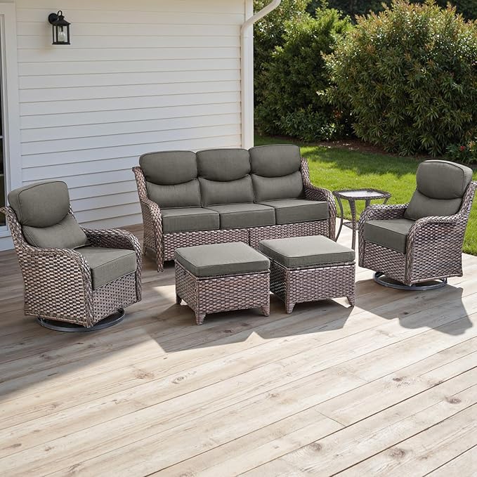 Rilyson Wicker Outdoor Patio Furniture Set - 6 Piece Patio Conversation Sets with Swivel Rocker Chairs, Ottomans, Sofa and Side Table, 6 inch Cushions, Waterproof Wicker, for Porch Deck Brown/Grey