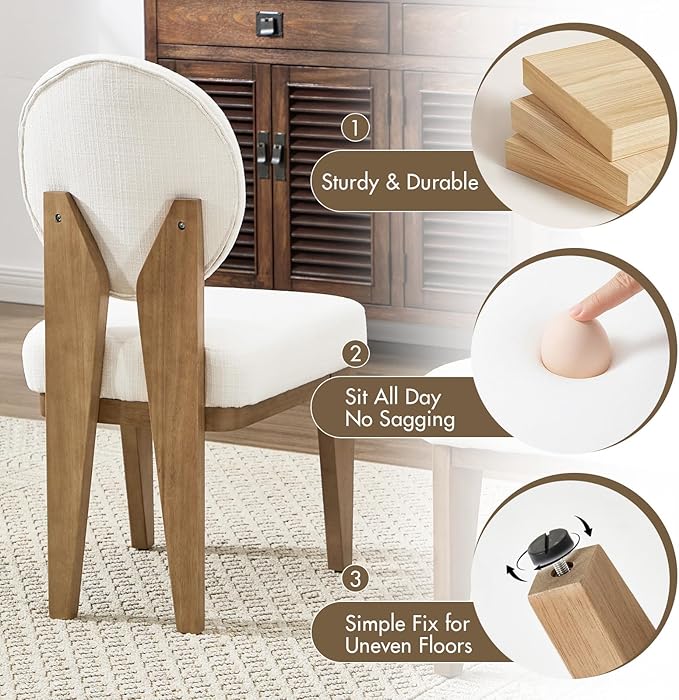Mid-Century Modern Walnut Dining Chairs Set of 2, Vintage White Wooden Kitchen Chairs, Retro Upholstered Linen Cushioned Seat with Curved Backrest, Armless Accent Side Chair for Bedroom