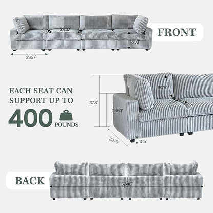 Modular Sectional Couches for Living Room, 157.48" Oversized Cloud Couch, 4 Deep Seat Comfy Modular Sofa for Home, Plush Sofa Cushion Covers Removable, Gray