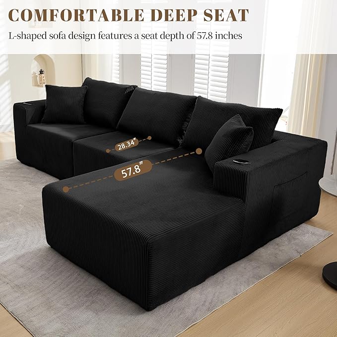 107" Cloud Sectional Couch, Modular Sectional Sofa with L-Shape Chaise, Corduroy Boneless Couch with Deep Seat, Upholstered Sofa for Living Room, No Assembly Required(Right-Facing Chaise, Black)