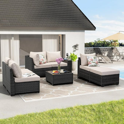 7 Pieces Patio Furniture Set All-Weather Outdoor Wicker Sectional Conversation Sofa Rattan Patio Seating Sofa with Cushion and Glass Table and Ottoman for Porch Poolside,Beige