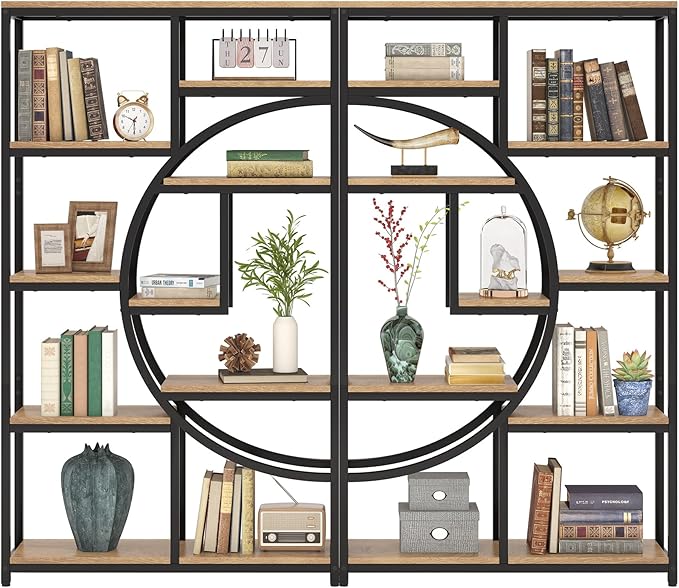 Tribesigns Bookshelf Industrial 5 Tier Etagere Bookcase, Freestanding Tall Bookshelves Display Shelf Storage Organizer with 9-Open Storage Shelf for Living Room, Bedroom (Light Oak, 2 Pack)
