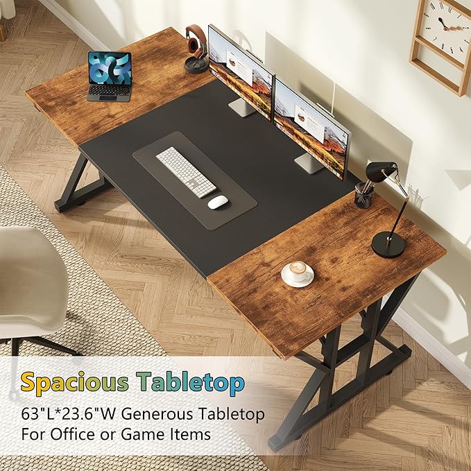 TVU 63-Inch Executive Desk, Large Office Desk with Thicken Frame, Computer Desk Modern Simple Desk for Home Office, Rustic Brown/Black