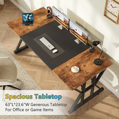 TVU 63-Inch Executive Desk, Large Office Desk with Thicken Frame, Computer Desk Modern Simple Desk for Home Office, Rustic Brown/Black