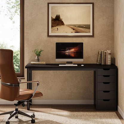 Tribesigns Modern Simple Computer Desk, 47 Inches PC Desk with 5 Reversible Drawers, Rustic Brown Study Writing Table Workstation for Home Office Small Spaces (Black)