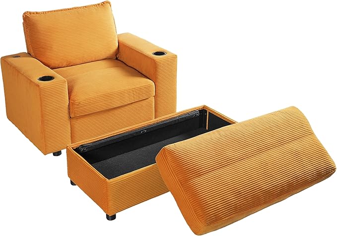 Christopher Knight Home Zoe Oversized Chaise Lounge Chair Indoor with Cup Holders & USB Charging Port, Corduroy Upholstered Sofa Bed + Ottoman with Storage, Comfy Deep Seat Sleeper Sofa Chair, Yellow