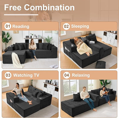 Modular Sectional Sofa, L Shaped Comfy Cloud Couch with Deep Seat, Boneless Couch for Living Room, Modern Sectional Sleeper with Chaise, No Assembly Required, Sofa in A Box, Black Corduroy