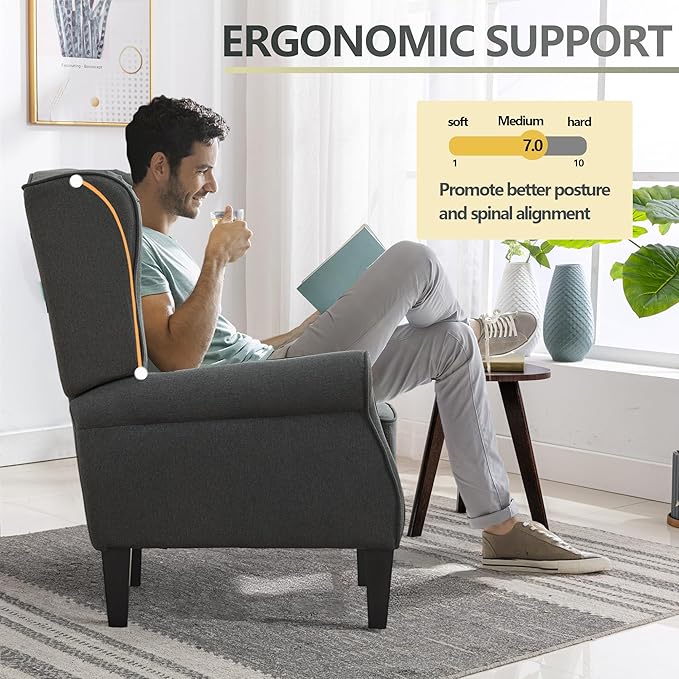 Dark Grey Accent Chairs, Modern Living Room Single Wingback Sofachair, Classic Bedroom High Back Reading Seats, Bussiness Upholstered Arm Chairs for Office, Guest Room