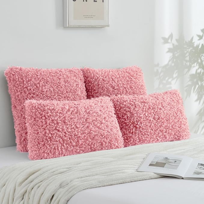 FUTEI Pink Decorative Throw Pillow Covers 24x24 Inch Set of 2,Soft Fluffy Faux Wool Fur Boucle Textured European Cushion Case,Modern Home Decor for Couch Bed Living Room Office
