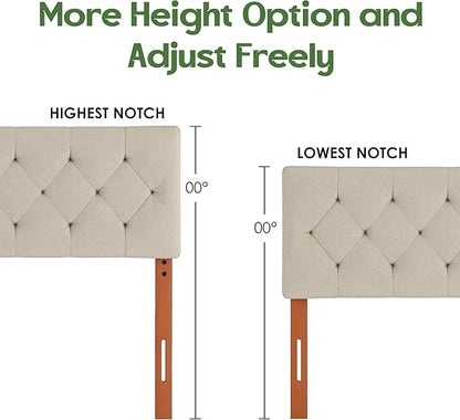 Upholstered Twin Headboard, Twin Headboard Only for Bed Frame from 27”-41”, Adjustable Height Twin XL Headboard with Durable Solid Wood Legs, Fabric Bed Headboard in Modern Button Design, Beige
