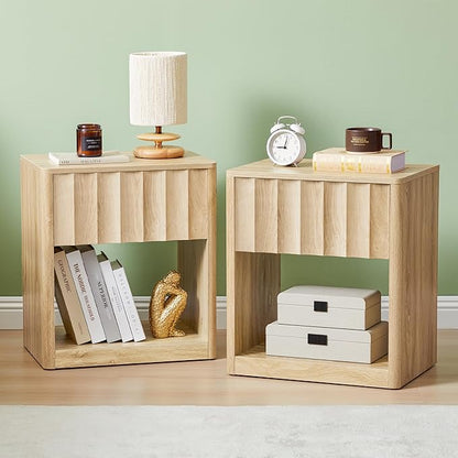 Fluted Dresser, Small Nightstands Set of 2, Natural Bedside Table with Drawer and Storage, Mid Century Modern Side Table for Bedroom Living Room Sofa