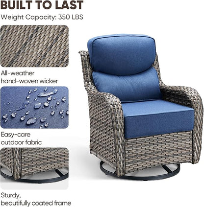 Swivel Patio Chairs Set of 2, High Back Comfortable Outdoor Glider Chairs, 6" Thick Cushion, Wicker, Gray, Blue Cushion