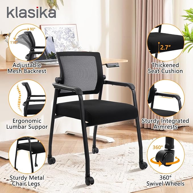 Office Guest Chairs No Wheels | Ergonomic Lumbar Support and Thicked Seats Cushion, Desk Chair with Adjustable Mesh Back for Waiting Room School Church Reception，Black 2PK