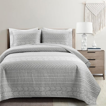 Lush Decor Hygge Geo Pattern Striped 3 Piece Quilt Bedding Set, Full/Queen, Light Gray