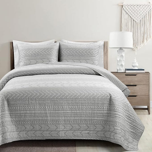 Lush Decor Hygge Geo Pattern Striped 3 Piece Quilt Bedding Set, Full/Queen, Light Gray