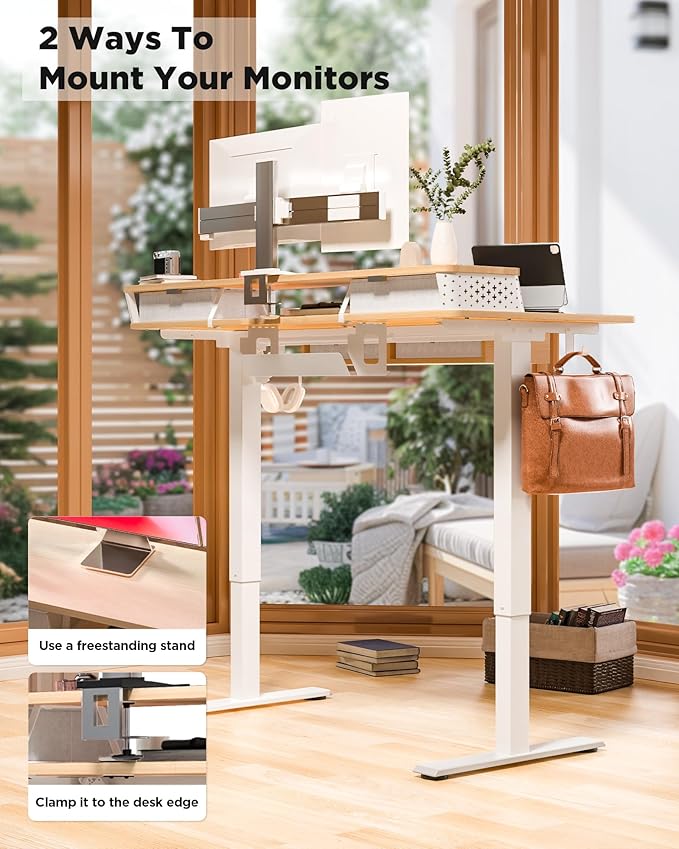 FiCiHi Adjustable Height Standing Desk with 4 Drawers,48 x 24 inches Electric Sit Stand Home Office Desk with Two Tiers, 3 Memory Presets, Monitor Stand Riser