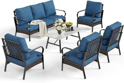 6 Piece Metal Outdoor Patio Furniture Set, Patio Conversation Sets with 3-seater Couch, 4 Single Sofa (5.75" Extra Thick Cushion) & Coffee Table, Black Frame Backyard Furniture, Blue-2