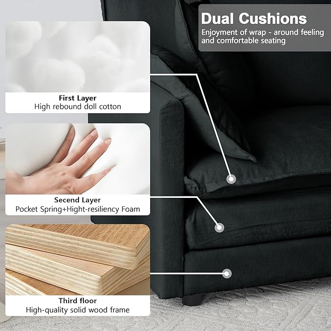 Modular Sectional Sofa, 111.5 Inch L-Shaped Cloud Sofa with Deep Seat Chenille Sofa with Cushions, Three-Self Sectional Sofa for Living Room Apartment,Black