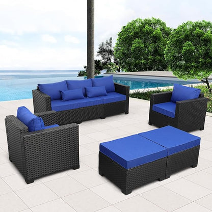 Rattaner Outdoor Wicker Furniture Couch Set 5 Pieces Patio Furniture Sectional Sofa with Royal Blue Cushions and Waterproof Covers