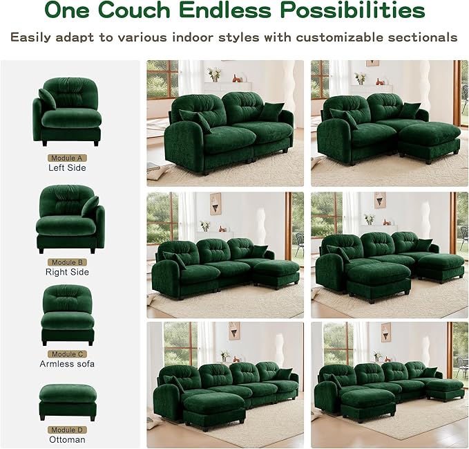 107" U Shaped Couch for Living Room, Comfy Chenille Fabric Cloud Sectional Couch, Modern Upholstered Deep Seat Sofa with Pillow and 2 Movable Ottoman, Oversized 3 Seater Sectional Sofa, Green
