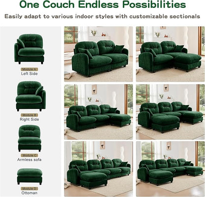 140" L Shaped Sofa for Living Room, Comfy Chenille Fabric Cloud Sectional Couch, Modern Upholstered Deep Seat Sofa with Pillow and Movable Ottoman, Oversized 4 Seater Sectional Sofa, Green