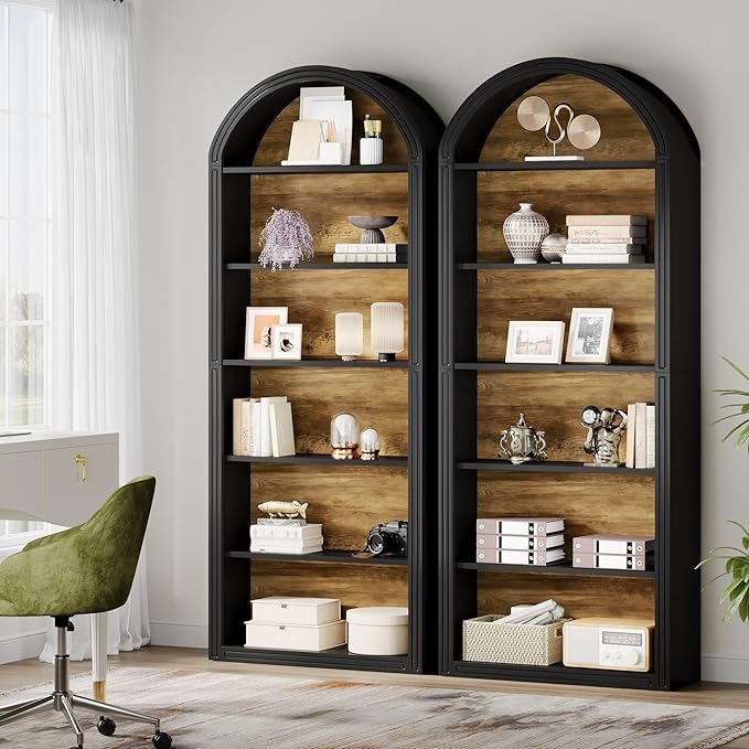Tribesigns 77.16" Tall Arched Bookshelf, 6-Tier White Arched Bookcase with Storage Shelves for Living Room, Bedroom, Set of 2 (Black, 6-Tier)