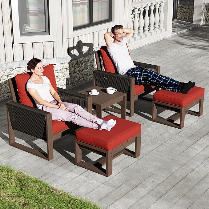5 Piece Patio Bistro Chair Set with Ottoman, Wooden Outdoor Patio Furniture Set, Patio Wicker Chairs with Coffee Tables for Balcony Deck Backyard