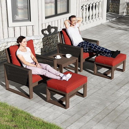 5 Piece Patio Bistro Chair Set with Ottoman, Wooden Outdoor Patio Furniture Set, Patio Wicker Chairs with Coffee Tables for Balcony Deck Backyard