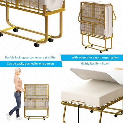 Mjkone Folding Bed with 5" Memory Foam Mattress & Upgraded 75x38 Frame Single Portable Guest Bed, Space-Saving Design, Lockable Wheels for Easy Moving, Quick Assembly & Compact Storage-Gold