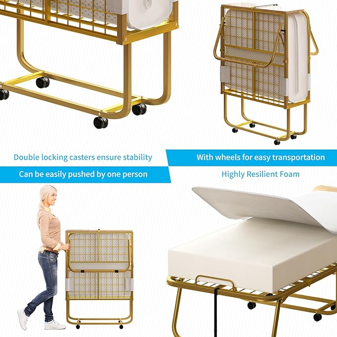 Mjkone Folding Bed with 5" Memory Foam Mattress & Upgraded 75x45 Frame Single Portable Guest Bed, Space-Saving Design, Lockable Wheels for Easy Moving, Quick Assembly & Compact Storage-Gold